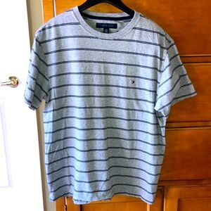 Tommy Hilfiger 100% cotton short sleeve blue and gray striped shirt. Great shape